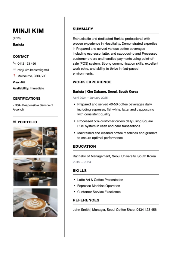 Barista resume sample - Modern template portfolio